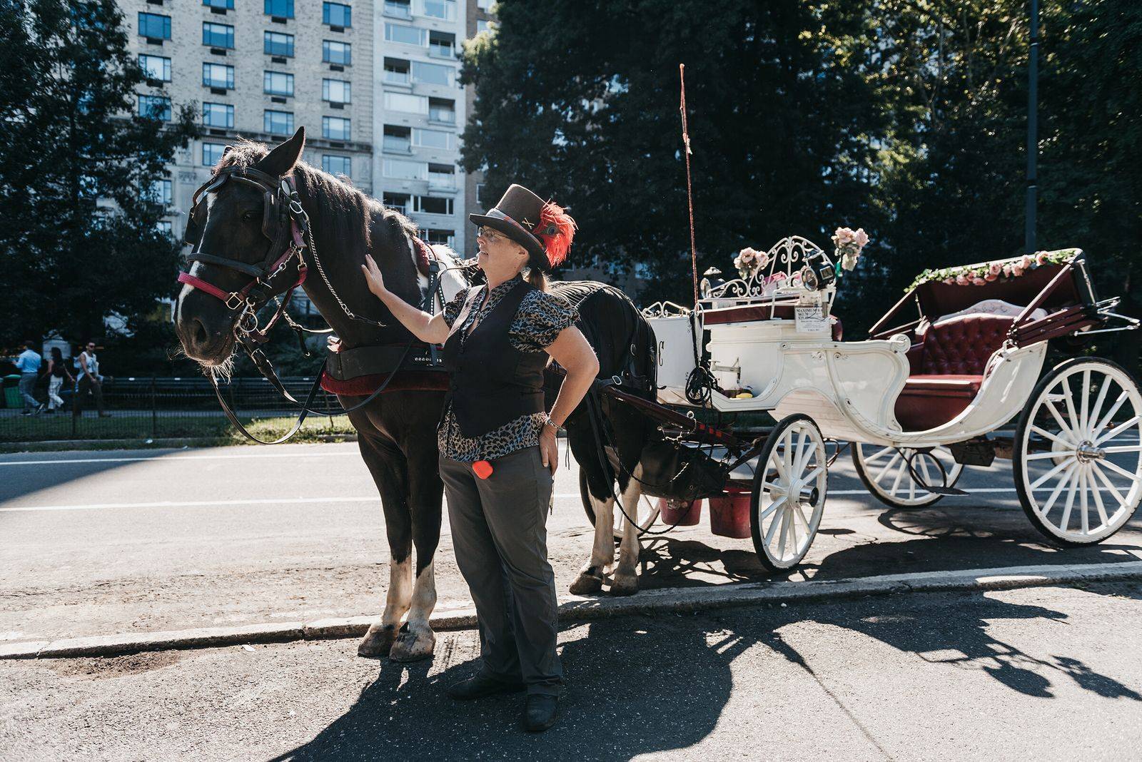 A person standing next to a horse and carriage.